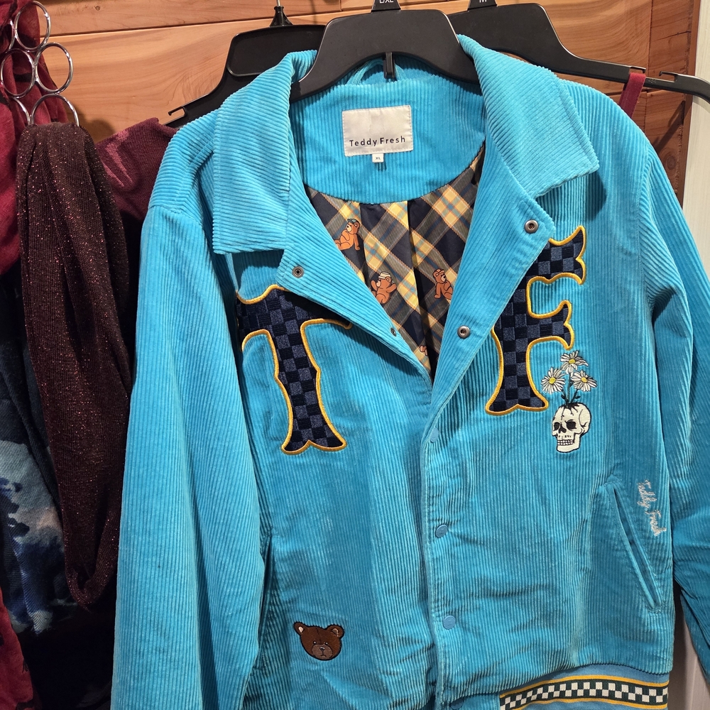 Teddy Fresh Turquoise Corduroy Jacket with Embroidered Patches